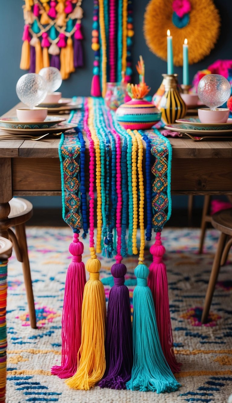 A vibrant, tasseled tablecloth draped over a wooden table, surrounded by eclectic boho decor pieces