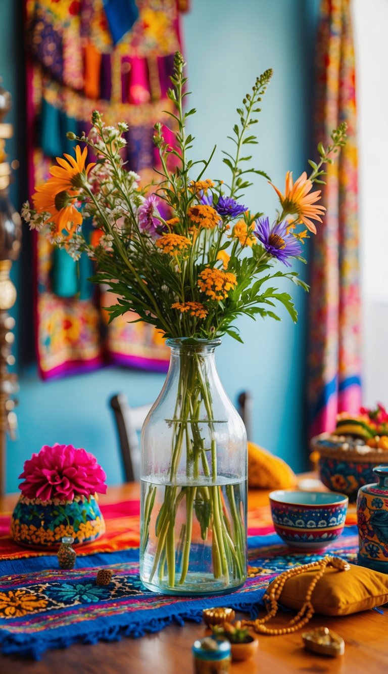 A clear glass bottle vase filled with wildflowers sits on a wooden table surrounded by vibrant textiles and eclectic trinkets