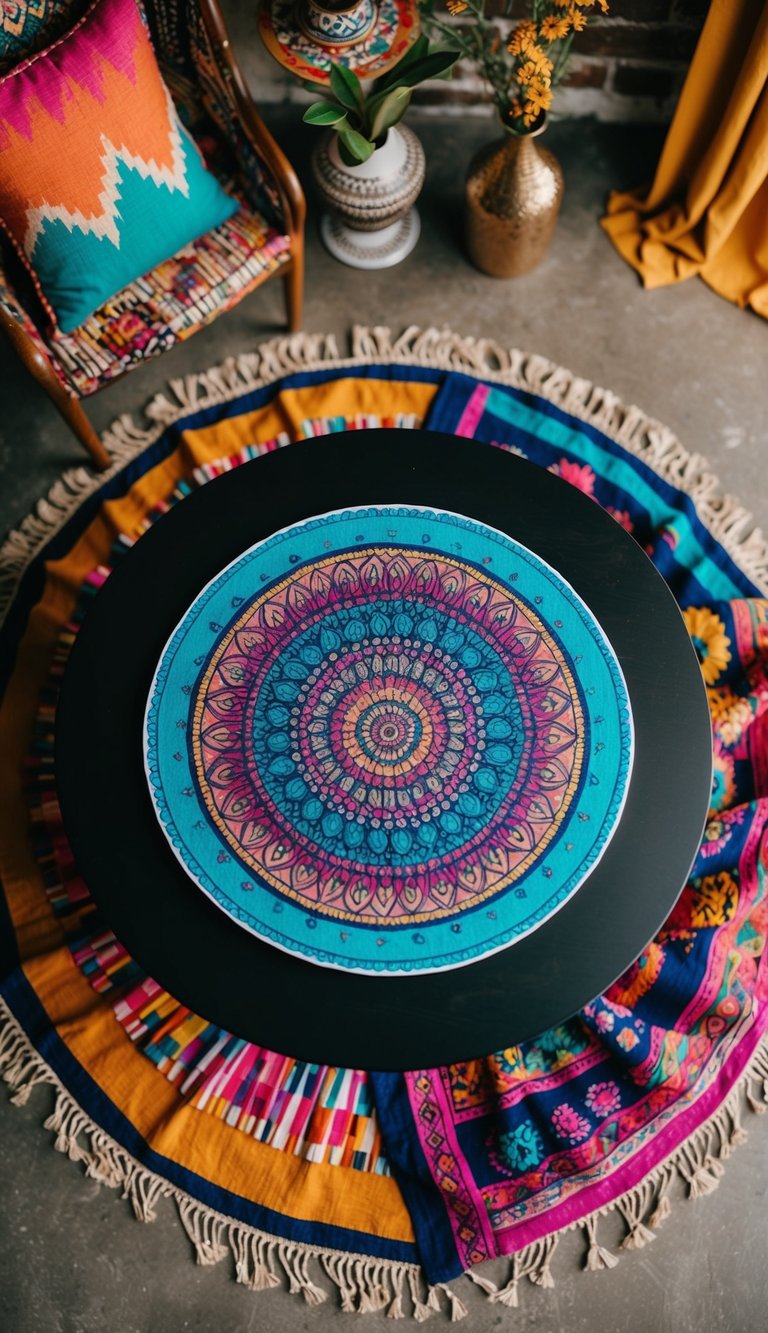 A round table with a colorful boho mandala mat, surrounded by eclectic decor and vibrant textiles