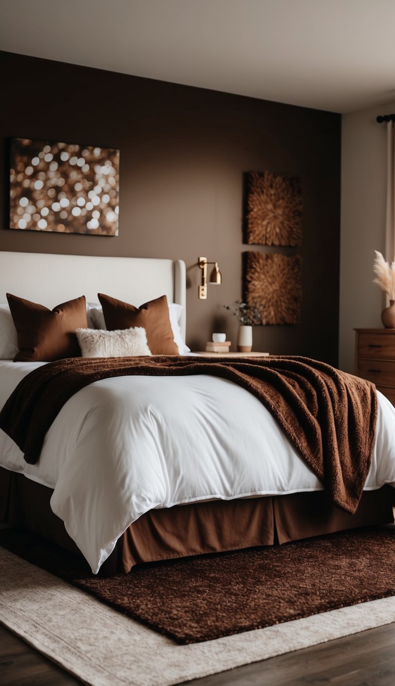 A cozy bedroom with brown accents: a plush chocolate-colored throw blanket draped over a crisp white bed, a rich brown area rug, earthy brown artwork on the walls, and warm wooden furniture