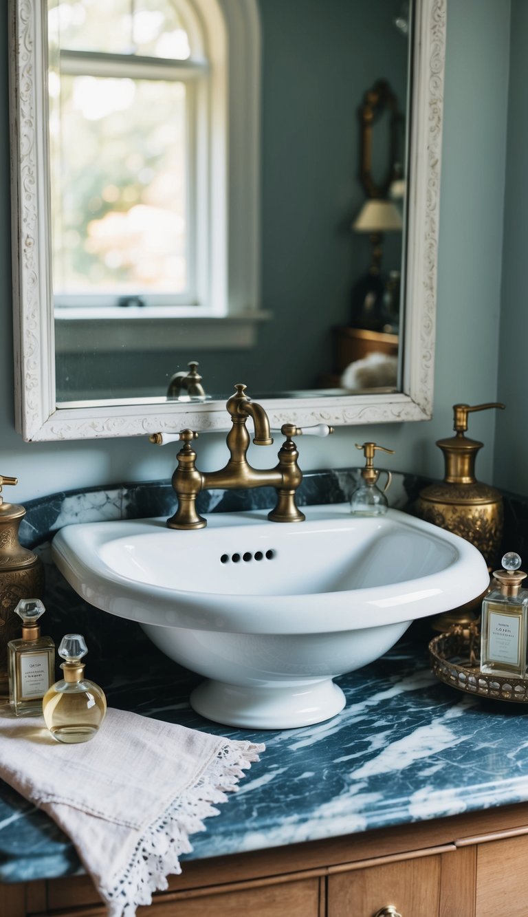 A vintage mirror, porcelain sink, and brass faucet sit atop a marble countertop, surrounded by antique perfume bottles and a lace-trimmed hand towel