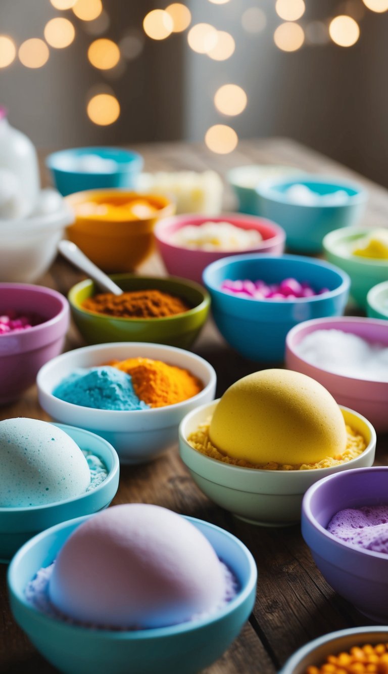 A table filled with colorful ingredients and molds for making bath bombs