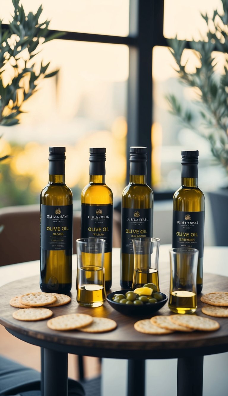 A table set with various bottles of olive oil, accompanied by small tasting glasses and palate-cleansing crackers