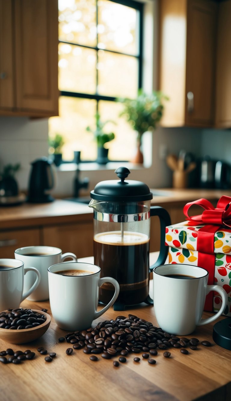 A cozy kitchen table with a variety of coffee-themed items such as mugs, beans, a French press, and a decorative gift box