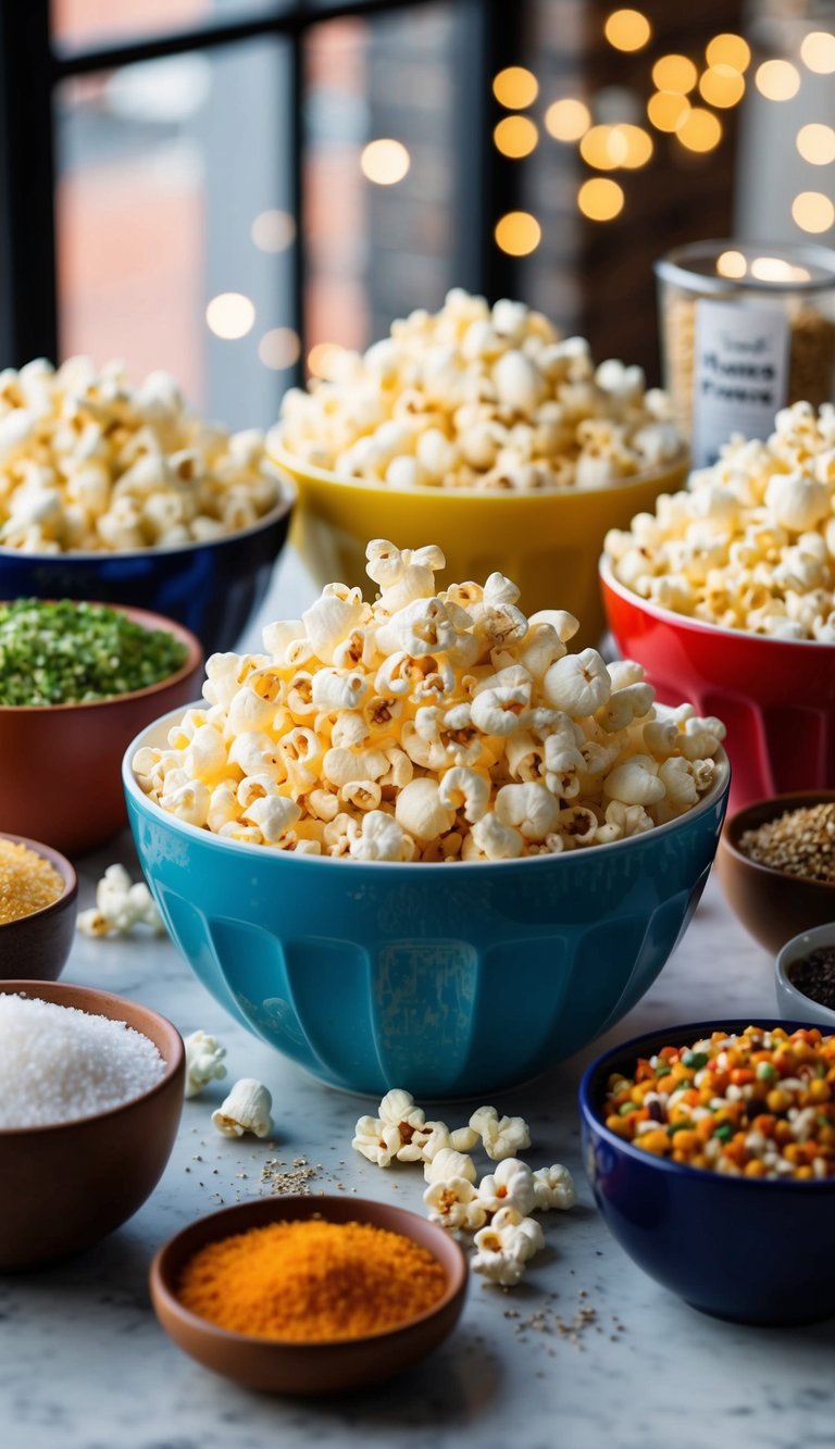 A table filled with colorful bowls of gourmet popcorn, surrounded by an assortment of toppings and seasonings