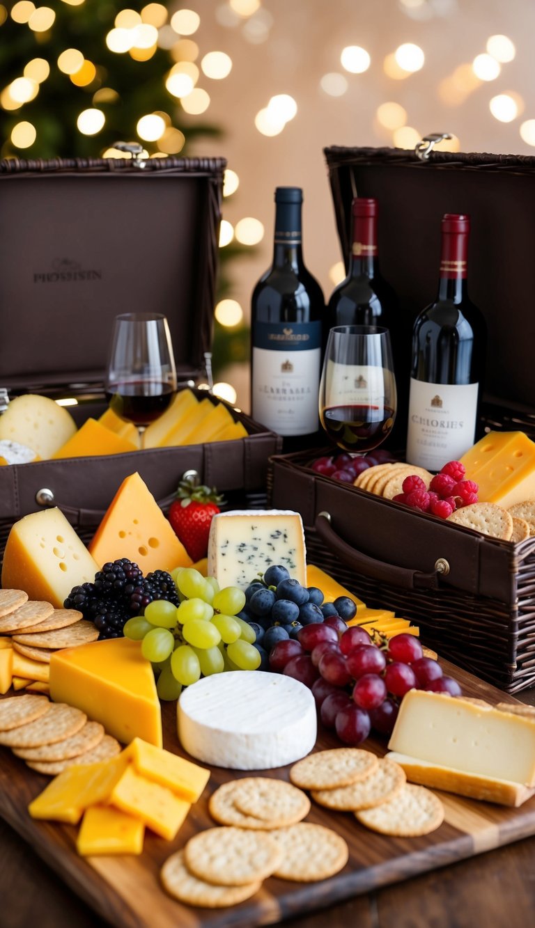 A beautifully arranged spread of various cheeses, fruits, and crackers, paired with an assortment of fine wines in elegant hampers