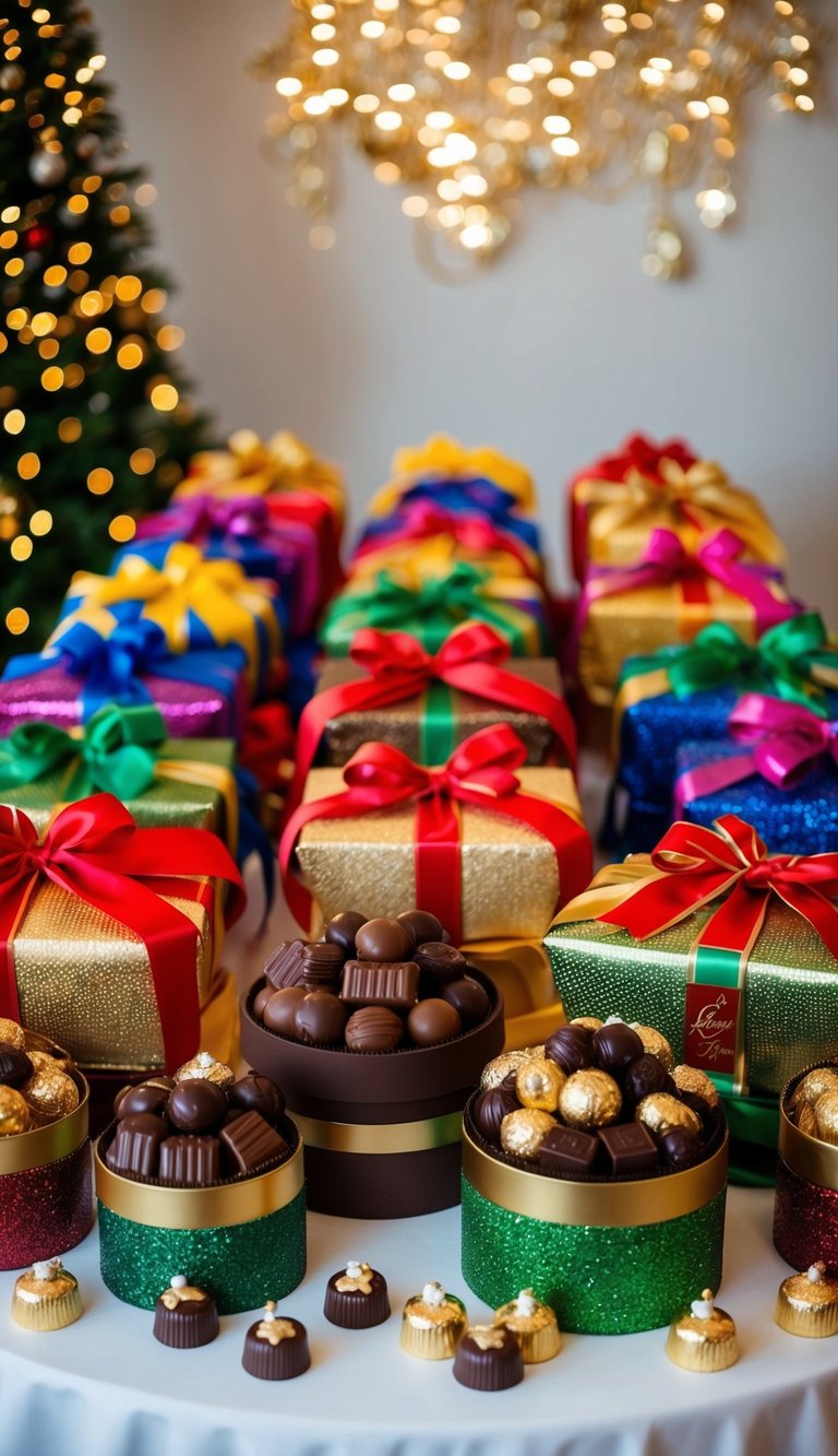 A table filled with an array of colorful gourmet chocolate hampers, each adorned with ribbons and decorative elements