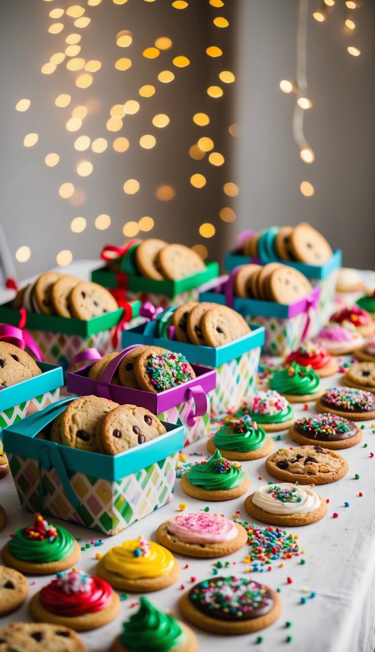 A table set with 30 beautifully decorated cookie hampers, surrounded by an array of colorful icing, sprinkles, and toppings