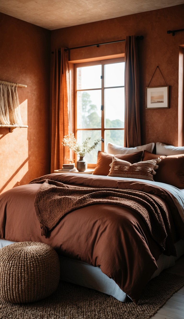 A cozy bedroom with terracotta walls, brown bedding, and earthy decor accents. Sunlight filters through the window, casting warm tones on the room