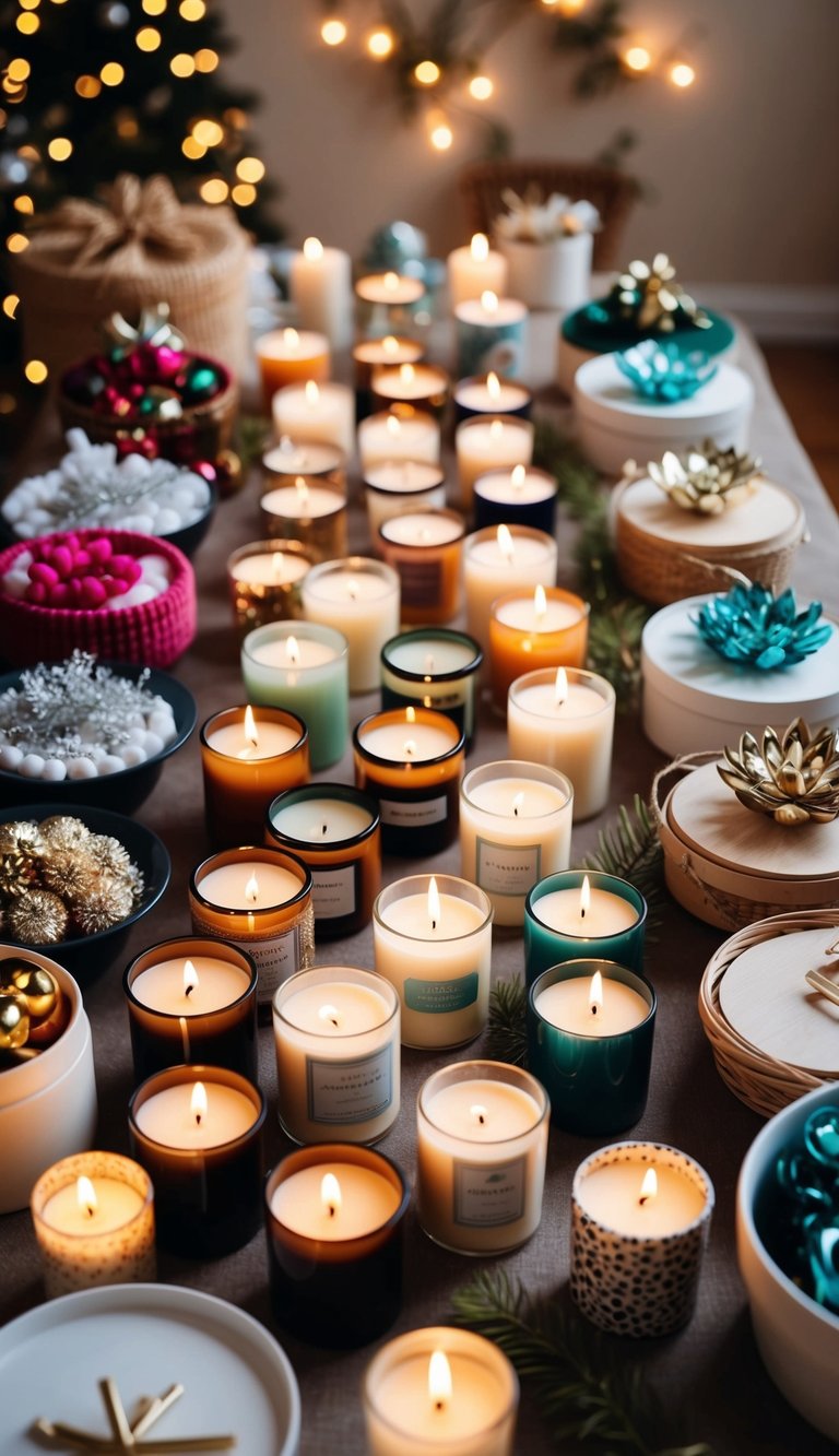 A table adorned with 30 unique and personalized scented candles, surrounded by various crafting materials and decorative hampers