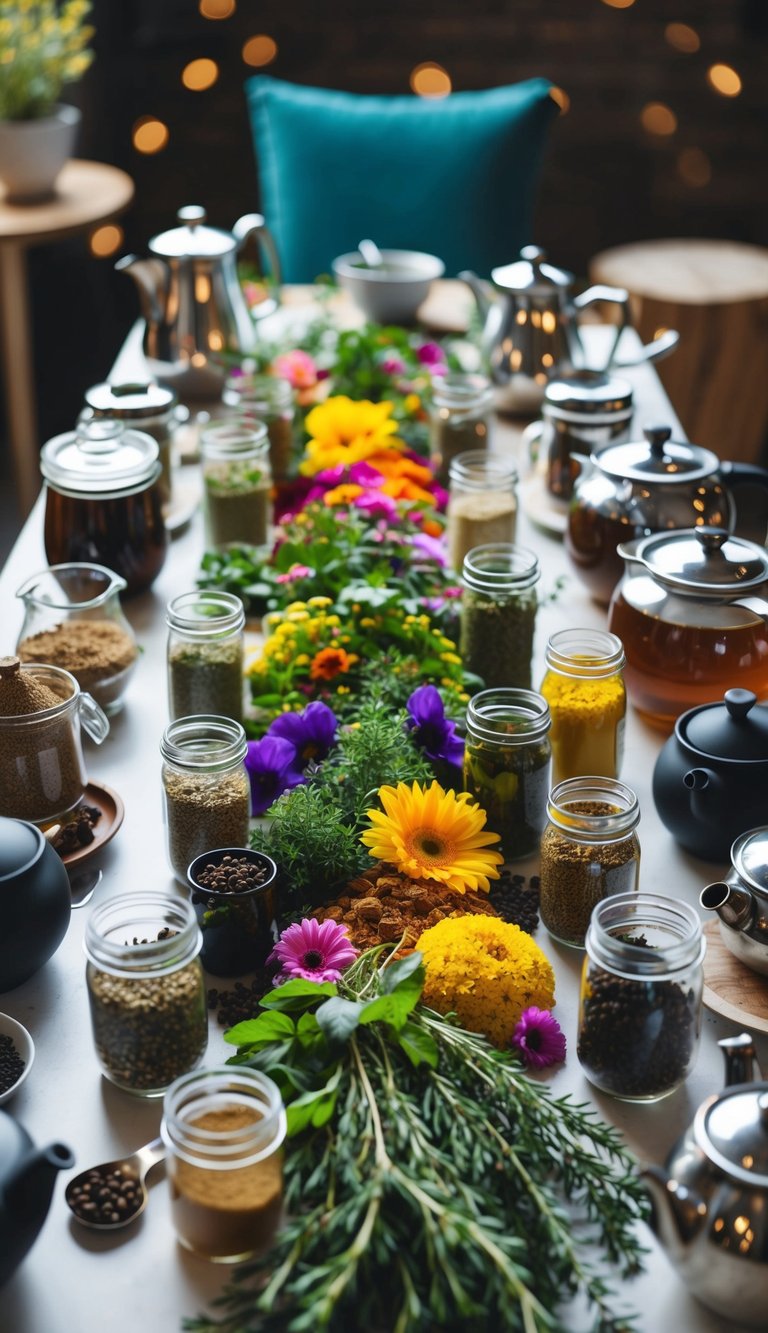 A table adorned with an array of colorful herbs, flowers, and spices, surrounded by jars, teapots, and other brewing accessories