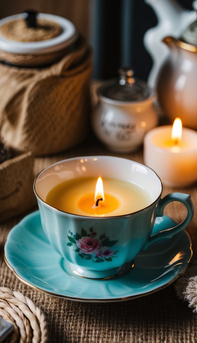 A cozy teacup with a flickering candle inside, surrounded by rustic cottage decor and items related to a peaceful and simple lifestyle