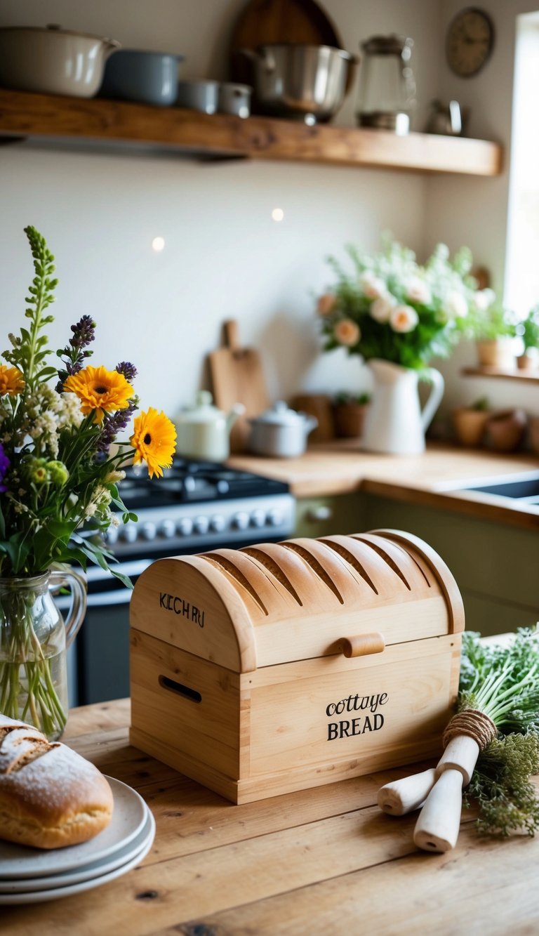 A cozy cottage kitchen with a handcrafted wooden bread box, surrounded by rustic decor and fresh flowers