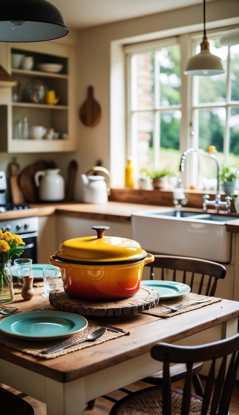 A cozy cottage kitchen with a rustic wooden table set for a meal, featuring a colorful enameled Dutch oven as the centerpiece