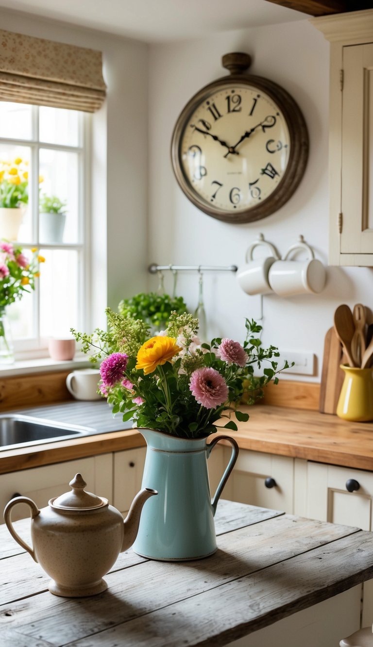 A cozy cottage kitchen with a rustic wall clock, vintage teapot, and fresh flowers on a weathered wooden table