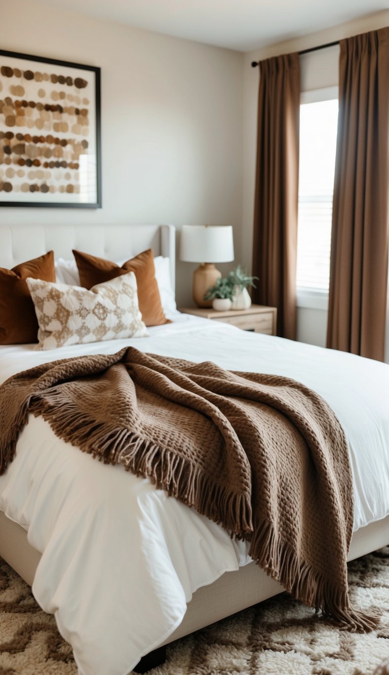 A cozy bedroom with a mocha-colored throw blanket draped over a crisp white bed, surrounded by earthy brown accents in the form of pillows, curtains, and artwork