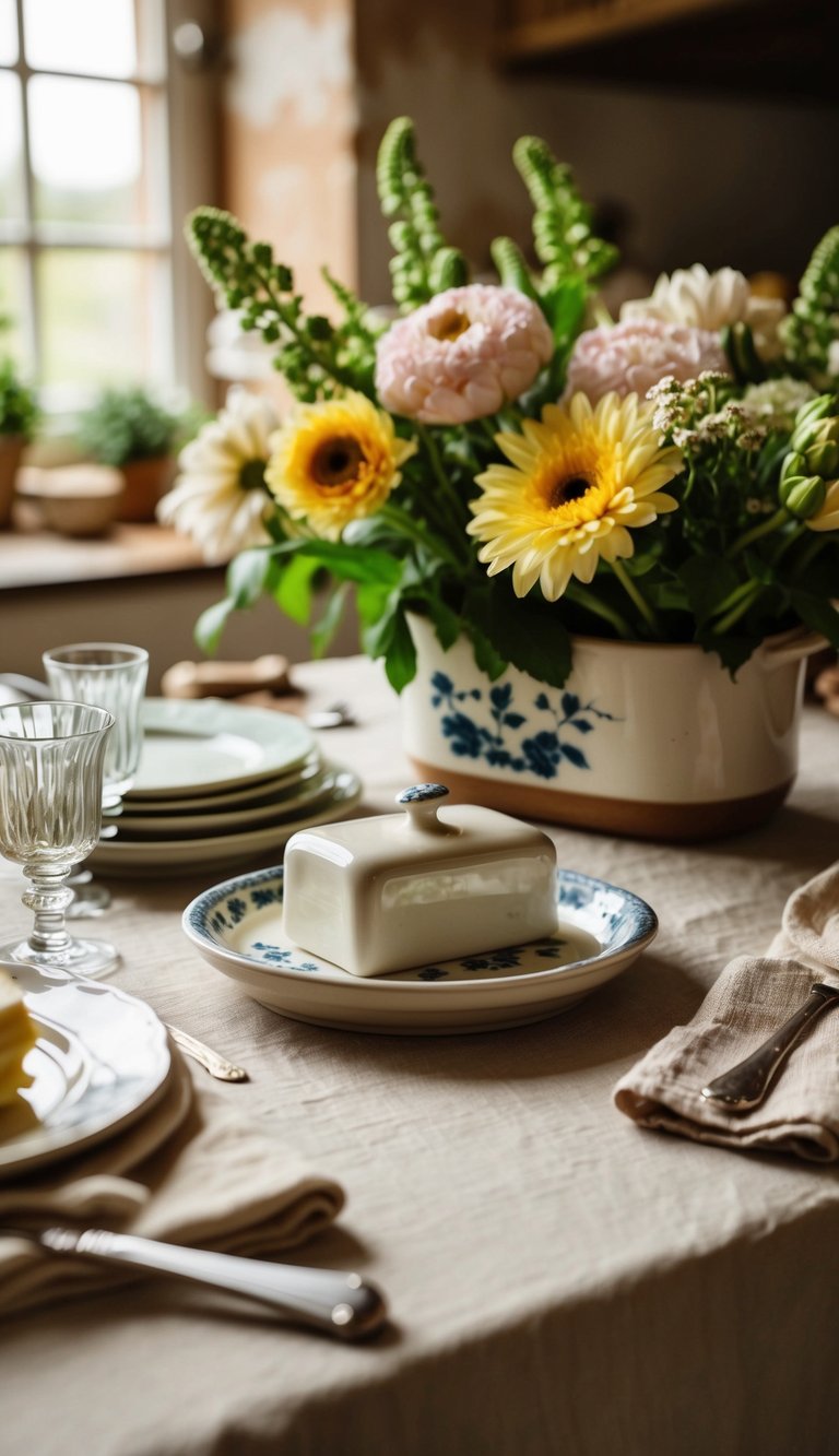 A rustic kitchen table with a ceramic butter dish, surrounded by fresh flowers, vintage linens, and a warm, inviting ambiance