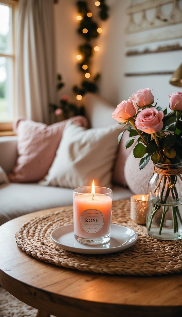 A cozy cottage interior with a lit rose scented soy candle surrounded by rustic decor and feminine touches