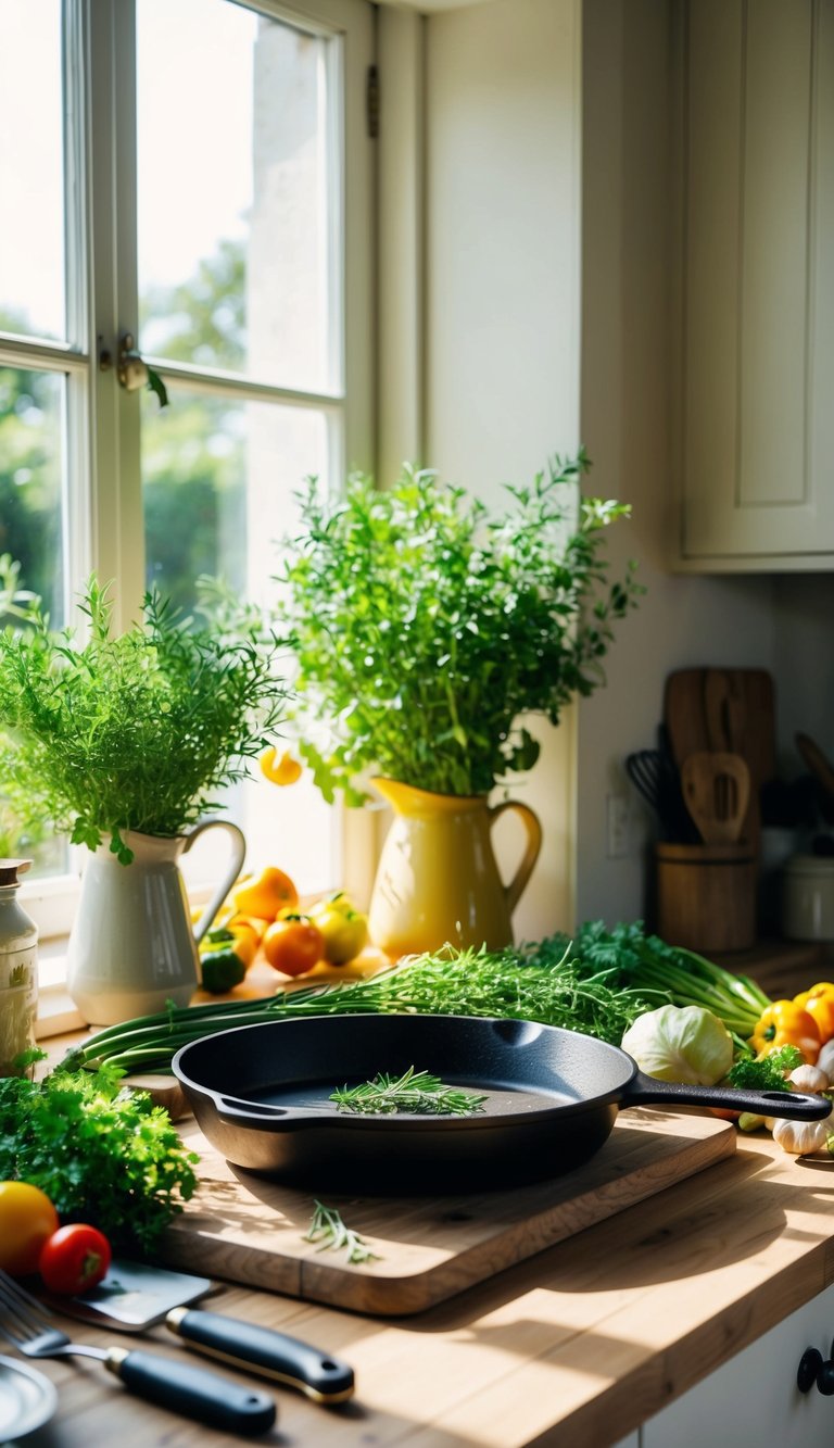 A cozy cottage kitchen with a rustic cast iron skillet surrounded by fresh herbs, vegetables, and cooking utensils. Sunlight streams in through the window, creating a warm and inviting atmosphere