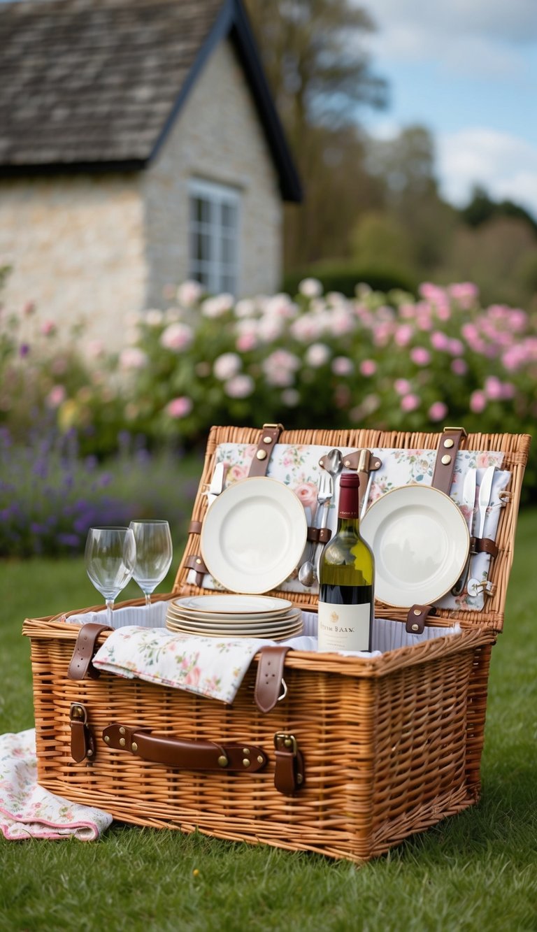 A wicker picnic basket filled with items like a floral tablecloth, vintage dishes, and a bottle of wine, set against a backdrop of a cozy cottage and blooming flowers