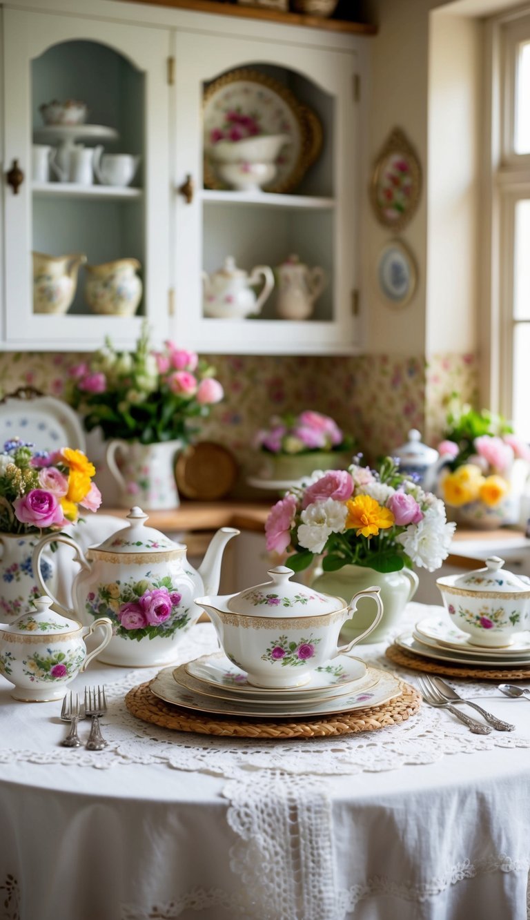 A cozy cottage kitchen table set with a chintz tea set, surrounded by flowers, lace, and vintage decor