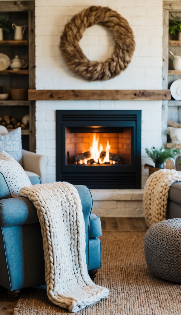 A cozy living room with a crackling fireplace, a large chunky knit blanket draped over a comfy armchair, surrounded by rustic cottage decor