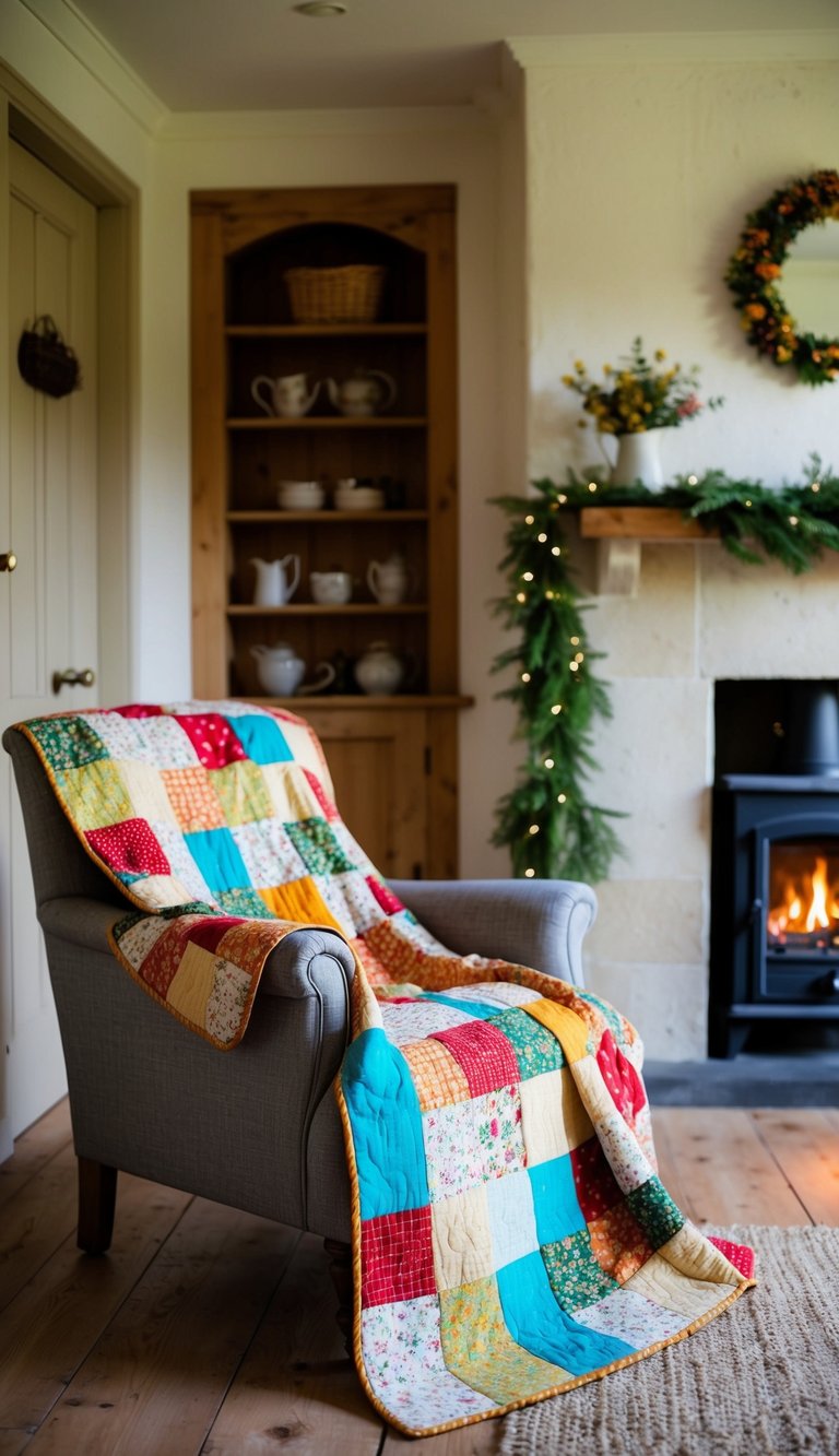 A cozy cottage interior with a colorful patchwork quilt draped over a vintage armchair by a crackling fireplace