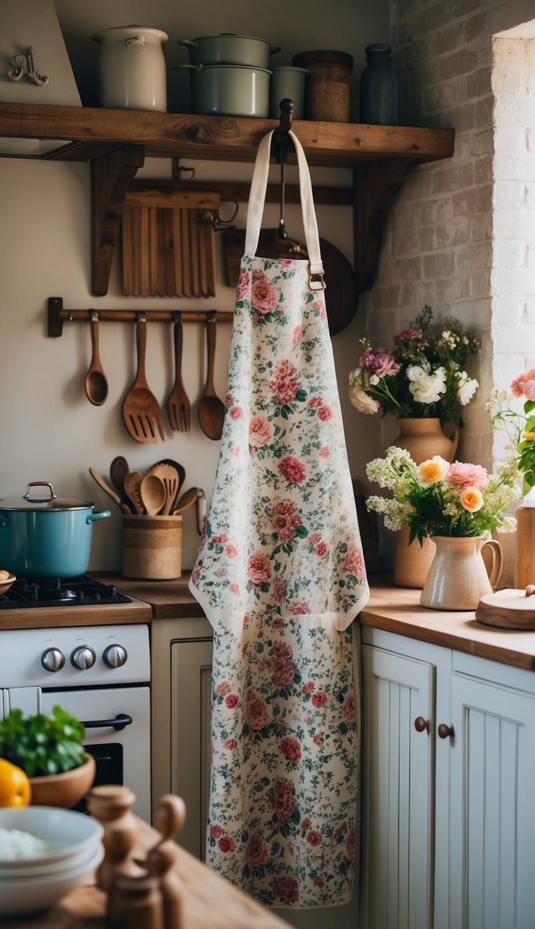 A rustic kitchen with a vintage floral apron hanging on a hook, surrounded by wooden utensils, fresh flowers, and a cozy cottage ambiance