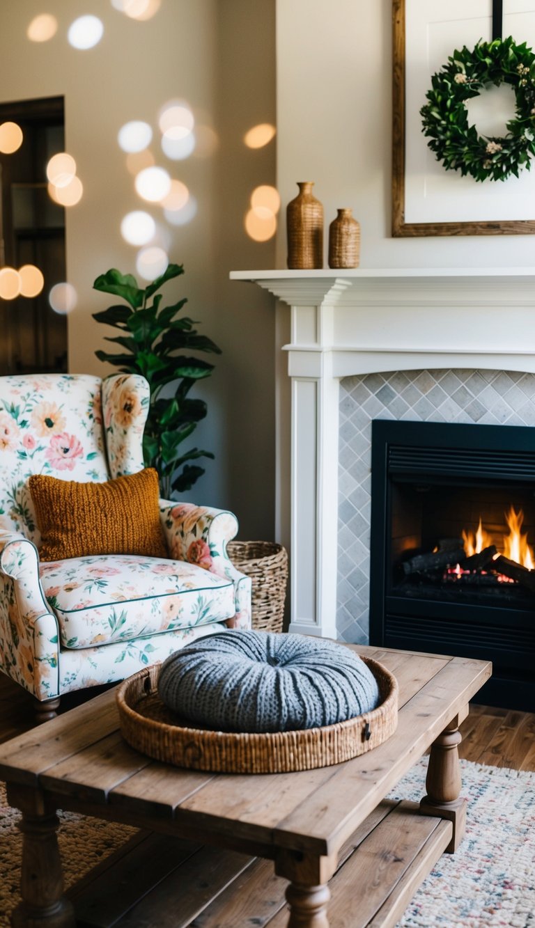 A cozy living room with a floral armchair, a crackling fireplace, and a rustic wooden coffee table adorned with a wool throw pillow