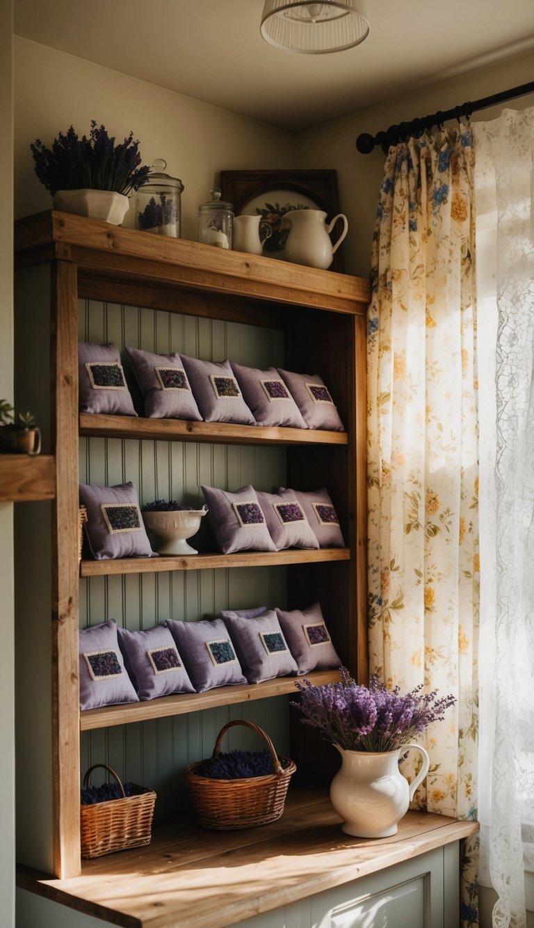 A cozy cottage interior with rustic wooden shelves filled with lavender sachets, floral curtains, and vintage decor. Sunlight filters through lace curtains