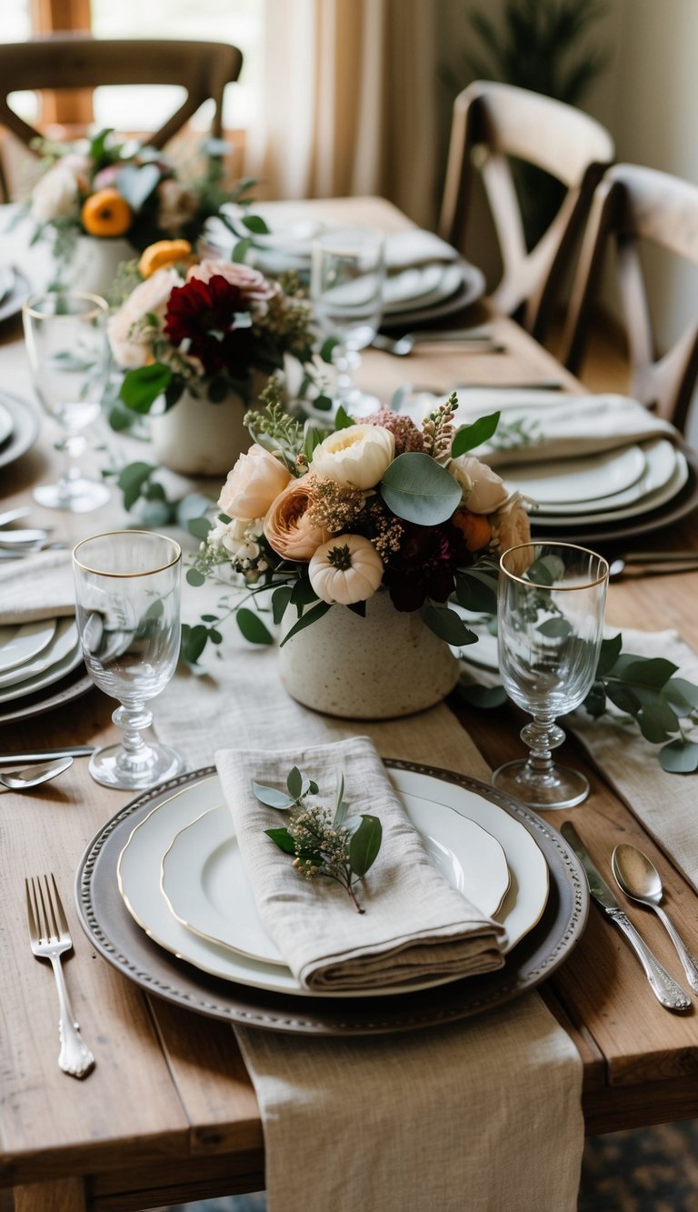 A rustic table setting with linen napkins, floral centerpieces, and vintage dishware