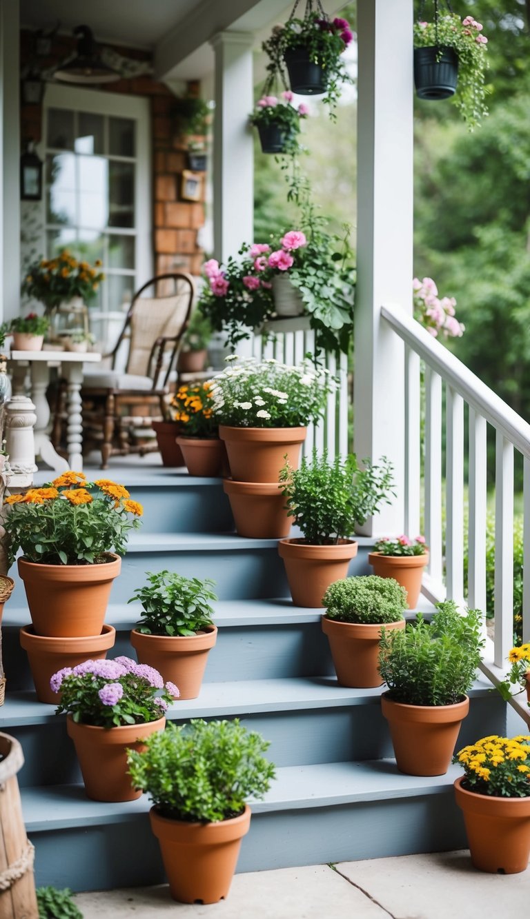 A cozy cottage porch with terracotta plant pots lining the steps, filled with blooming flowers and herbs, surrounded by quaint wooden furniture and vintage decor