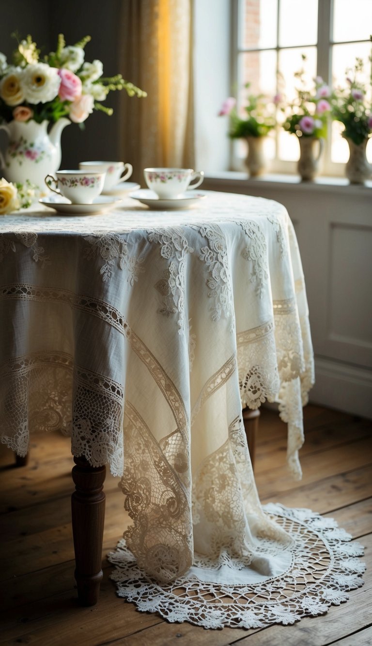 A vintage lace tablecloth draped over a rustic wooden table, adorned with teacups, flowers, and a lace doily. Sunlight streams through a nearby window, casting a warm glow on the scene