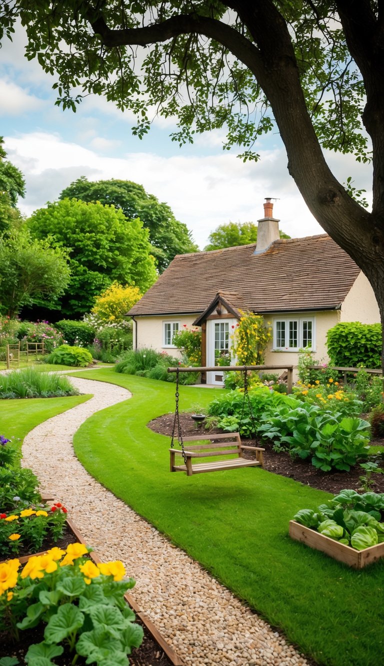 A cozy cottage surrounded by a lush garden, with a winding path leading to a wooden swing hanging from a large tree. A small vegetable patch and a colorful array of flowers complete the idyllic scene