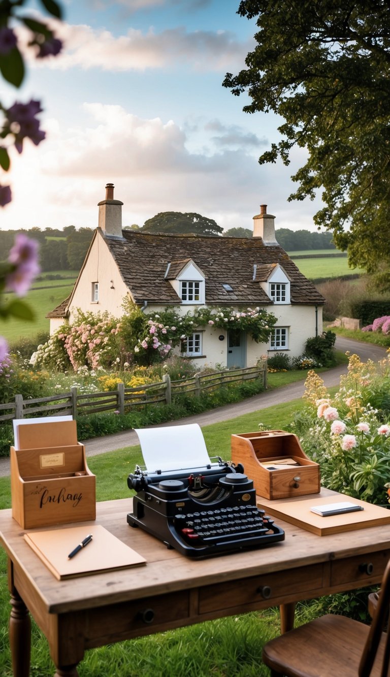 A cozy cottage nestled in a picturesque countryside, surrounded by blooming flowers, a rustic wooden desk with a personalized stationery set, and a vintage typewriter