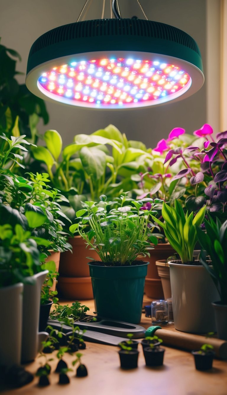 A vibrant array of indoor plants basking under the glow of an LED grow light, surrounded by gardening tools and seedlings