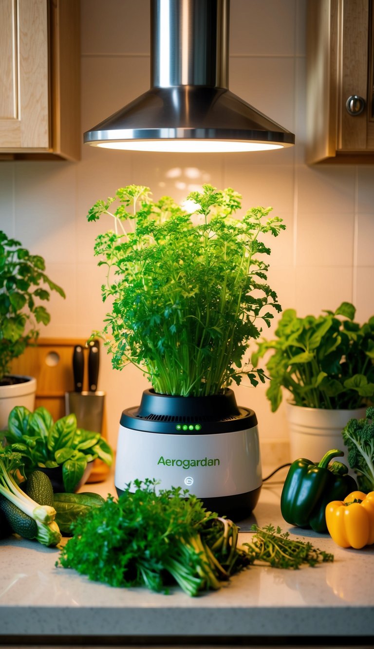 Aerogarden Harvest on a kitchen counter, surrounded by fresh herbs and vegetables growing under a warm indoor light