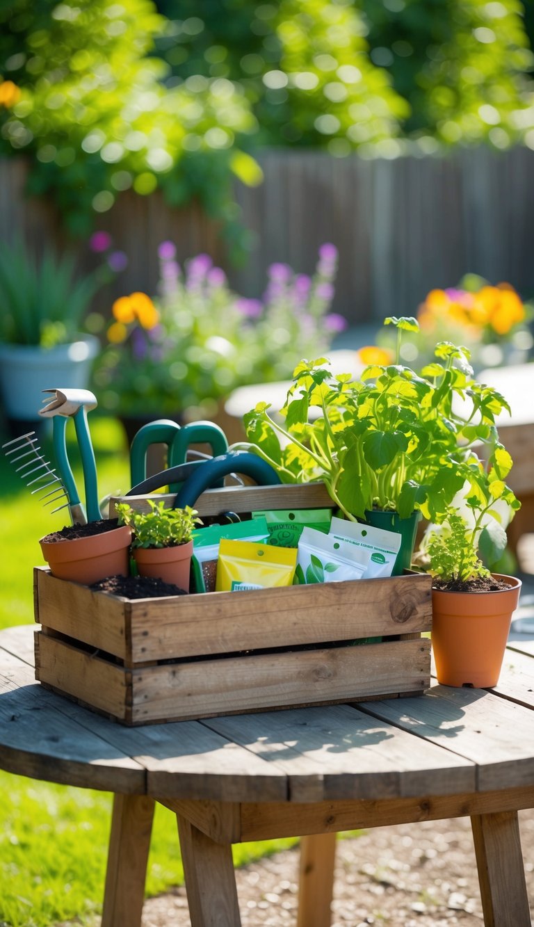 A wooden crate filled with gardening tools, seed packets, and potted plants sits on a rustic table in a sunlit garden