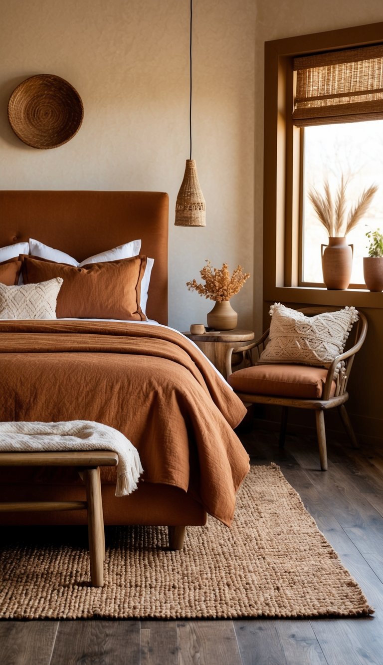 A cozy bedroom with a warm, earthy color scheme. A rustic umber bedspread and throw pillows complement the wooden furniture and woven rugs