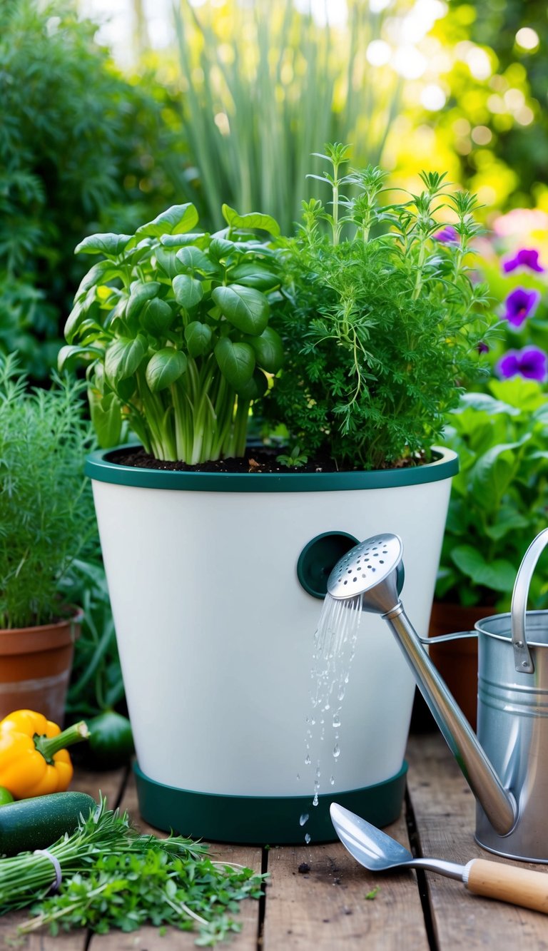 A self-watering herb planter surrounded by various herbs and vegetables, with gardening tools and a watering can nearby