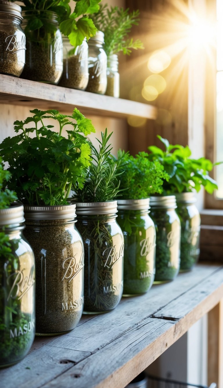 A collection of mason jars filled with various herbs, arranged neatly on a rustic wooden shelf. Sunlight streams in, highlighting the vibrant green leaves