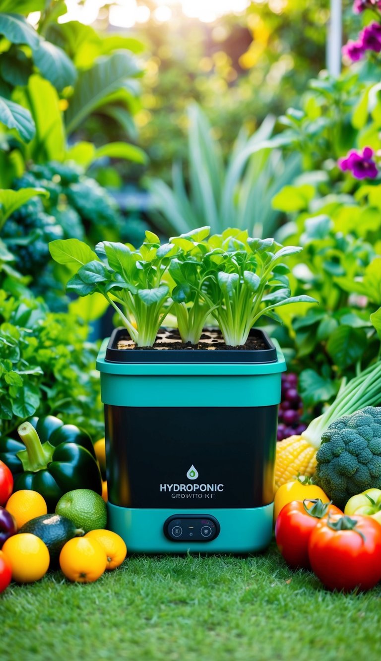 A hydroponic growing kit surrounded by various fruits and vegetables growing in a lush, vibrant garden setting