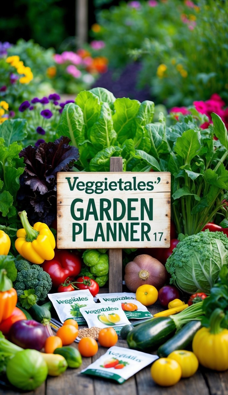 A colorful garden filled with various vegetables, fruits, and flowers, with a rustic wooden sign displaying "Veggietales' Garden Planner 17" surrounded by gardening tools and seed packets