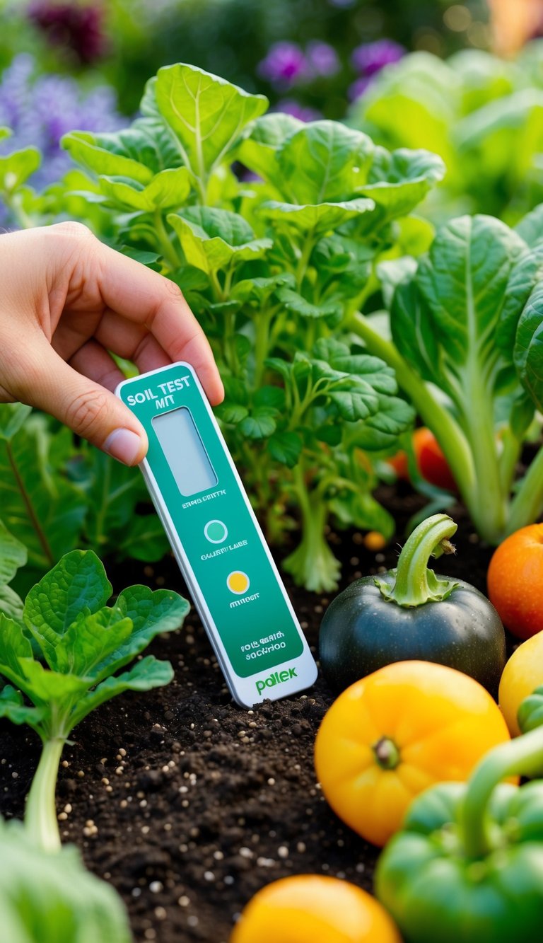 A hand holding a soil test kit next to a variety of vegetables and fruits growing in a garden