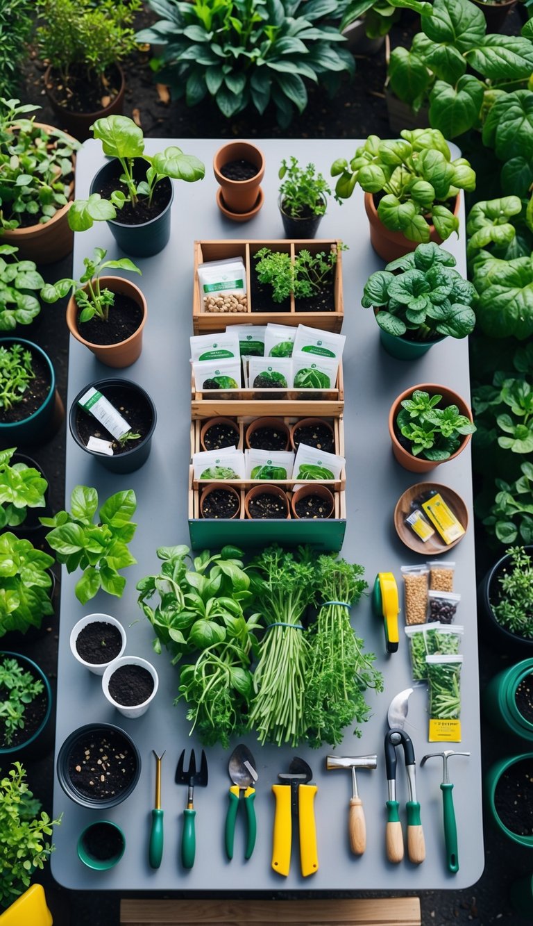 A table with various gardening tools, seed packets, pots, and planters arranged neatly, surrounded by lush, green plants and herbs