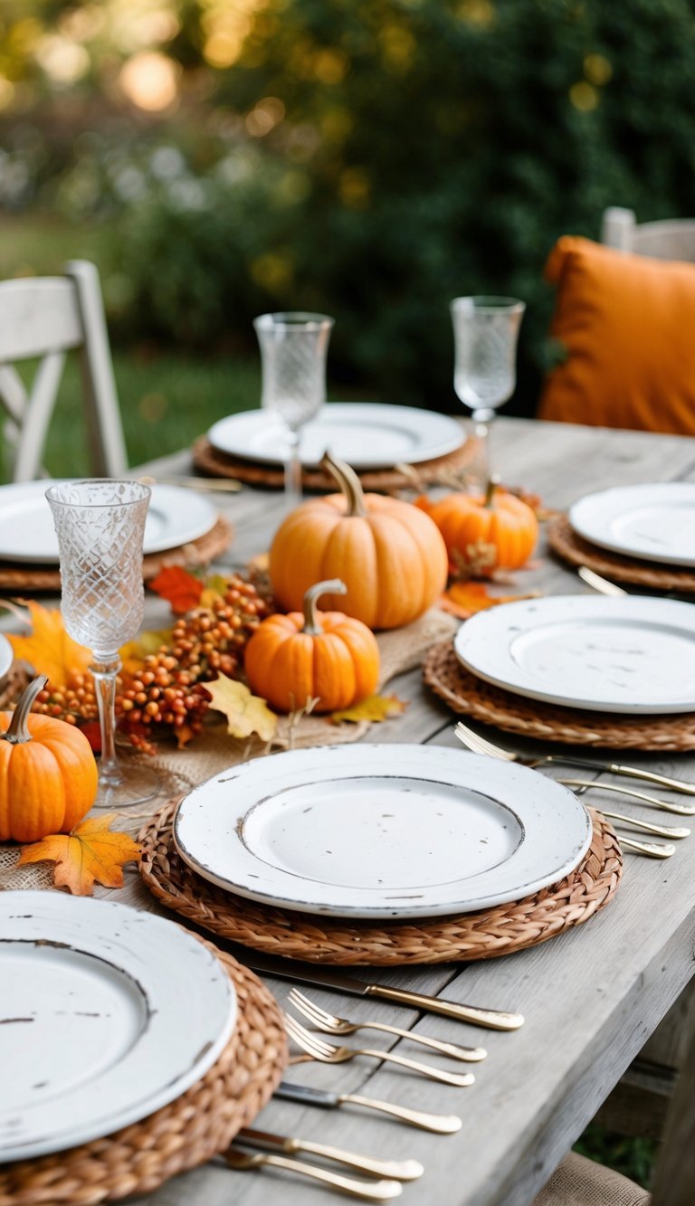 Five white distressed wooden chargers arranged on a rustic fall garden dining table