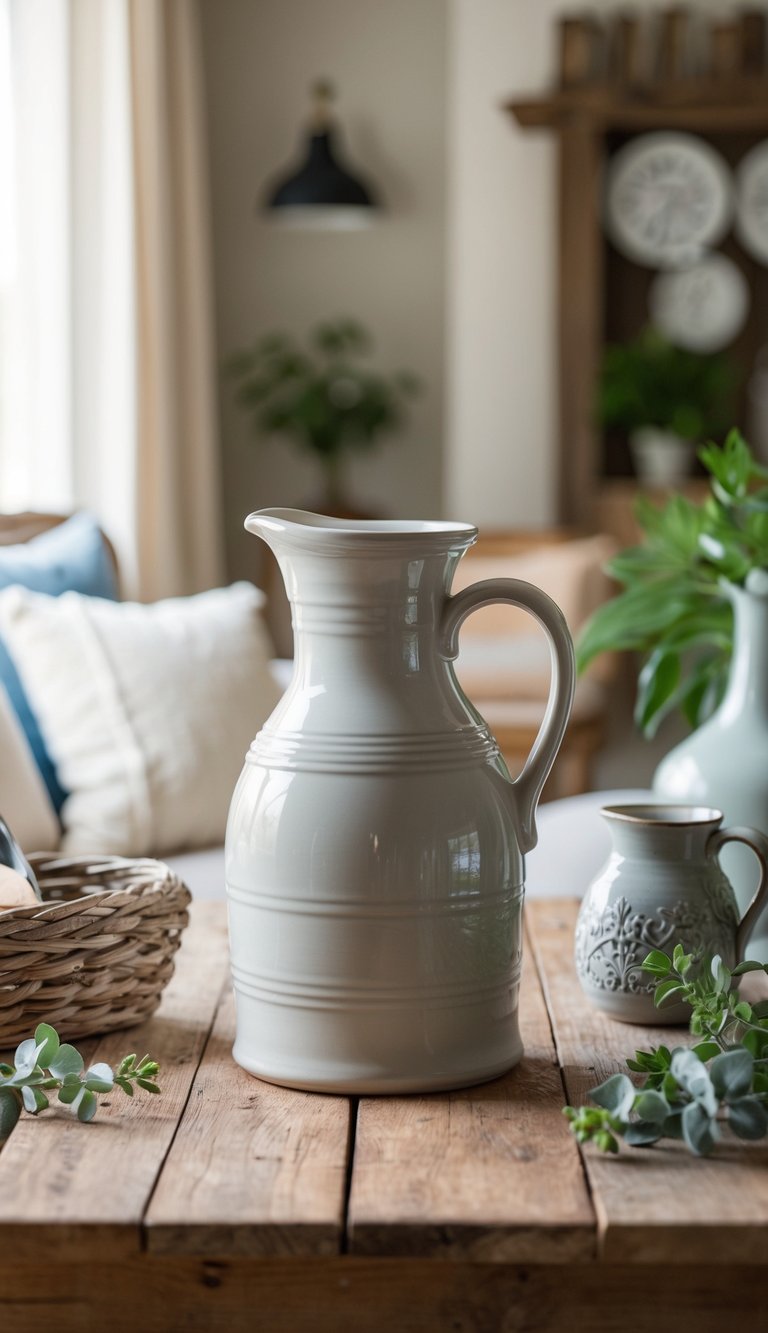 A ceramic farmhouse pitcher sits on a rustic wooden table surrounded by other cottage-style living room accessories