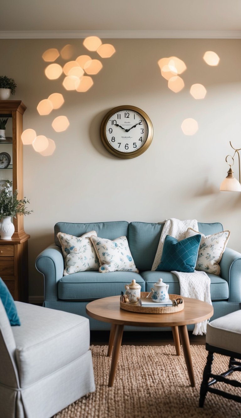 A cozy living room with a vintage-inspired wall clock surrounded by 16 cottage-style accessories