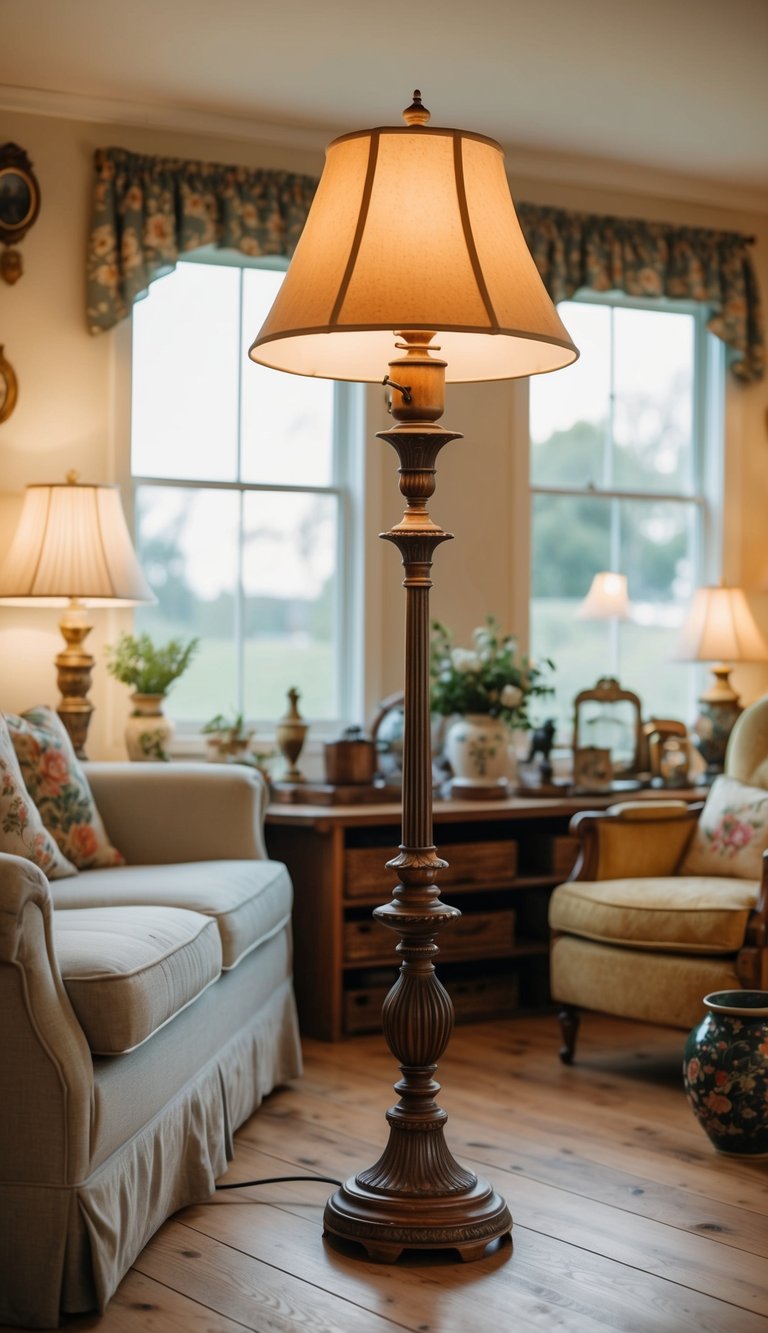 An antique-style floor lamp stands in a cozy cottage living room, surrounded by 16 vintage accessories