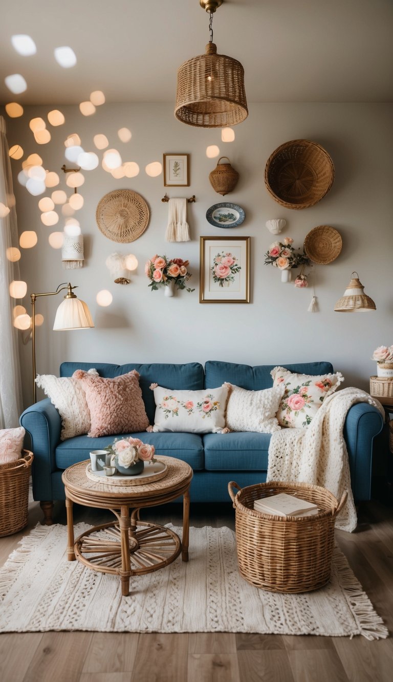 A cozy living room with 16 cottage-style accessories, including throw pillows, knit blankets, vintage lamps, floral prints, and wicker baskets